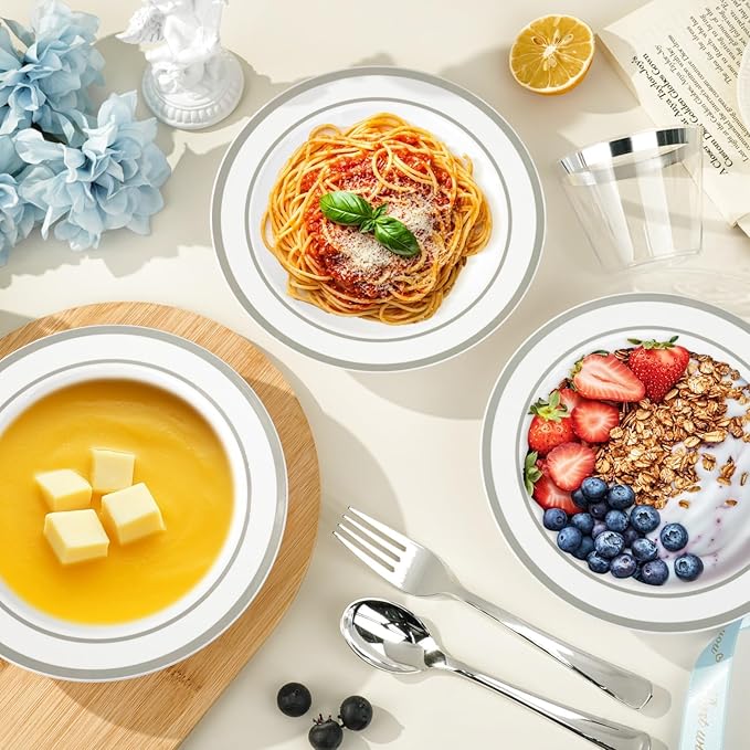 BESTVIP 200 Pack Plastic Bowls with Silver Rim, 12 oz Disposable Soup Bowls, Heavy-duty Dessert Fruit Bowl for Party, Wedding, Christmas, Thanksgiving, Dinner Catering