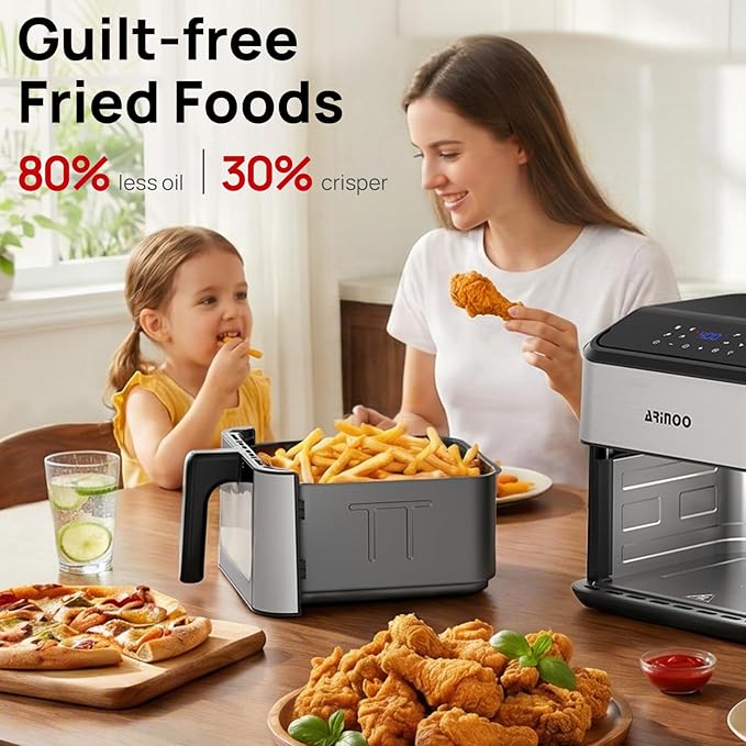 Air Fryer Pro 8 Qt, 8-in-1 Air Fryer with Viewing Window, 360° Rapid Air, 1500W, 80% Less Oil, Nonstick Dishwasher-Safe Basket, PFAS & Teflon-Free, 400°F, Recipe Book, Black