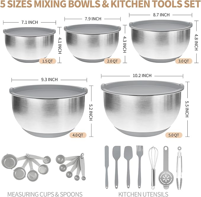Deedro Premium Mixing Bowls with Airtight Lids Set, 22Pcs Thicker Stainless Steel Mixing Bowl Set, Large Prep Metal Bowls, Non-Slip Silicone Base Nesting Bowls for Kitchen, 1.5/2/3/4/5 QT, Gray