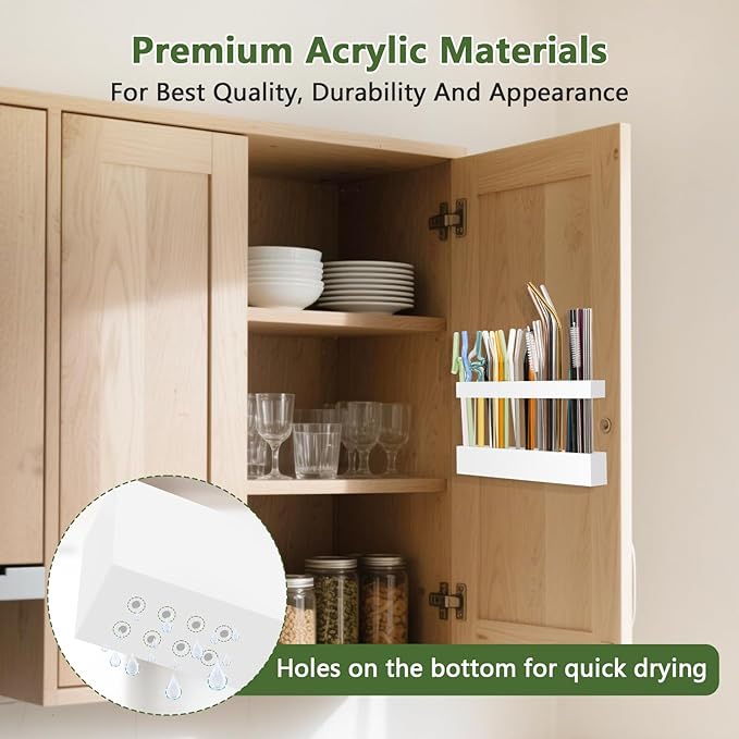 Acrylic Straw Holder for Cabinet Door - Reusable Tumbler Straw Organizer Storage, Small Kitchen Accessories Container, Ultra Sticky Cupboard Door Mounted (White, Large 9.5" (Most Cabinets))