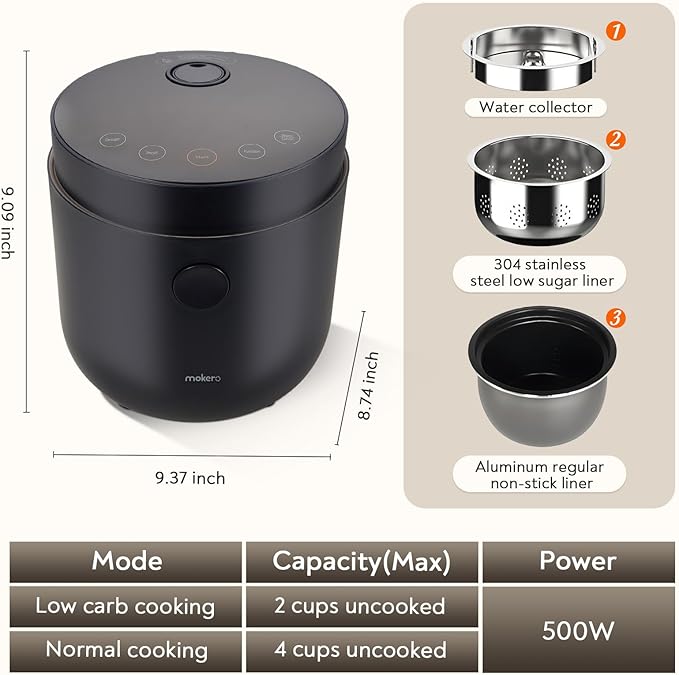 Mokero Low Carb Sugar Rice Cooker 2 Cups Uncooked and 4 Cups of Regular Cooking Small Carb Reducing Maker Rice and Grain Multi-Cooker with Stainless Steel and Nonstick Inner Pot