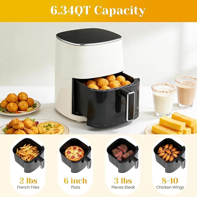 6-Quart Square Air Fryer with Viewing Window – 12-in-1 Multi-Function Appliance for Frying, Roasting, Baking, Steaming & Dehydrating, 400°F Maximum Temperature, Beige