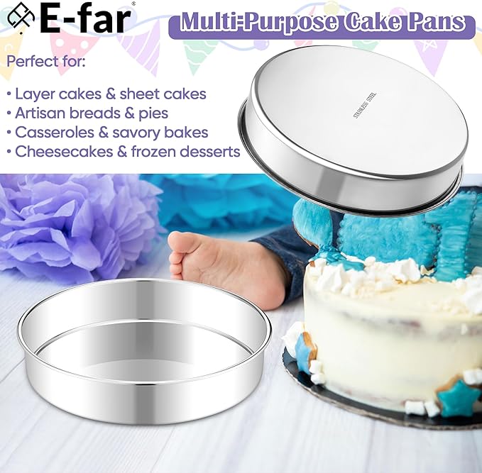 E-far 9 Inch Round Cake Pan, 2-Piece Stainless Steel Round Baking Mold Tins - Non-Toxic & Leak-Proof for Birthday Wedding Layer Tiered Cake, Easy Clean & Dishwasher Safe