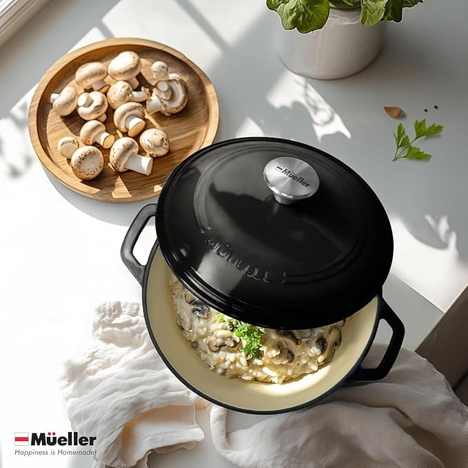 MUELLER HOME 4.5 QT Enameled Cast Iron Dutch Oven, Heavy-Duty Casserole Dish and Braiser Pan with Lid and Stainless Knob, Oven-Safe up to 500° F & Across All Cooktops, Black