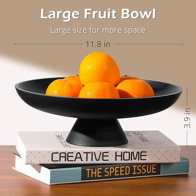 Large Decorative Bowl for Home Decor, Large Fruit Bowl for Kitchen Counter, Key Bowl for Entryway Table (Black, Pedestal)