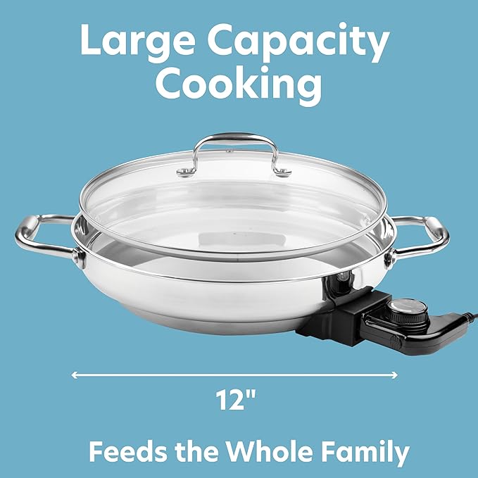 Electric Skillet By Cucina Pro - 18/10 Stainless Steel Frying Pan with Tempered Glass Lid and Handles, 12" Round, Adjustable Temperature Control Knob, Portable and Includes Recipe Guide, Great Gift