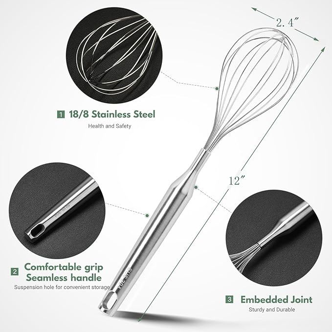 Stainless Steel Whisk for Cooking Kitchen Non Stick Balloon Wire Metal Baking Whisk Egg Beater for Blending, Whisking Beating,Dishwasher Safe, 12inch (Stainless Steel Handle)