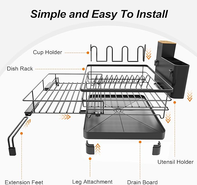 Runnatal Dish Drying Rack - Expandable Dish Rack, Large Drying Dish Drainer Over Sink with Drainboard, Utensil Holder & Cup Holder, Stainless Steel Dish Strainer for Kitchen Counter, Black