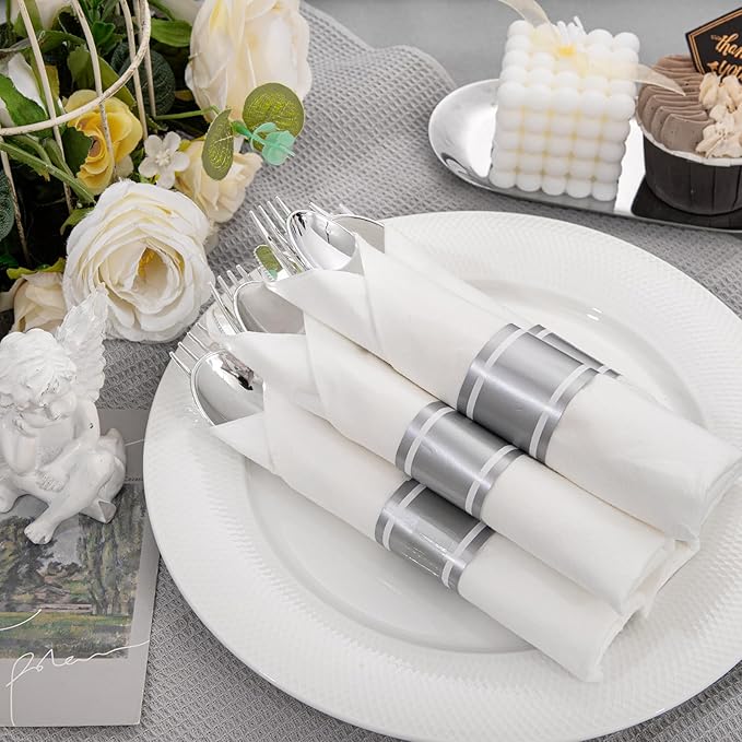 Liacere 100 Pack Silver Plastic Silverware-Pre Wrapped cutlery and Napkin-Pre Rolled Silverware Disposable 100 Forks, 100 Knives 100 Spoons, 100 Napkins Plastic Utensils＆Father's Day＆Independence Day
