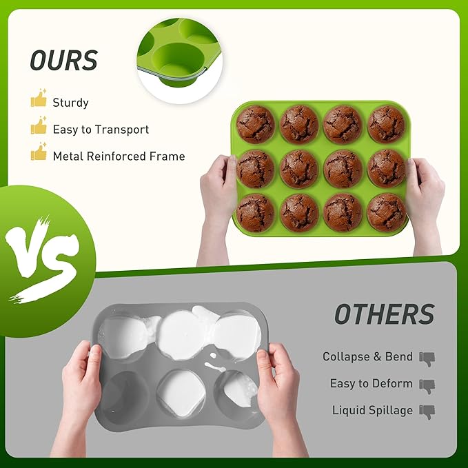 2 Pack 12 Cups Silicone Muffin Pan with Metal Reinforced Frame Regular Size Silicone Molds Cupcake Cake Baking Pans Cookie Baking Chocoflan Cupcake Mold Kitchen Baking Mold Tools for Cooking