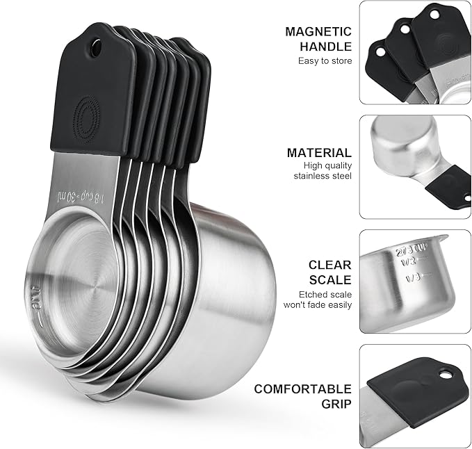 Magnetic Measuring Cups and Spoons Set 16, Metric & US Stainless Steel Measuring Cups and Spoons Set for Dry & Liquid, Metal Measure Cups & Spoons & Leveler for Kitchen&Baking, Black