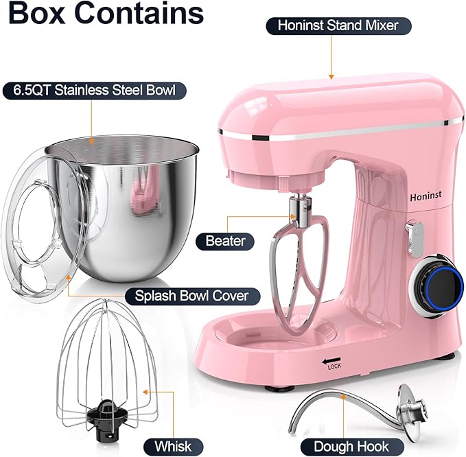 Honinst Stand Mixer, 6.5QT 10-Speed Tilt-Head Electric Stand Mixer, 3-In-1 Kitchen Mixer with Bowl, Dough Hook, Whisk and Beater, Food Mixer for Baking, Cake and Most Home Cooks, Pink