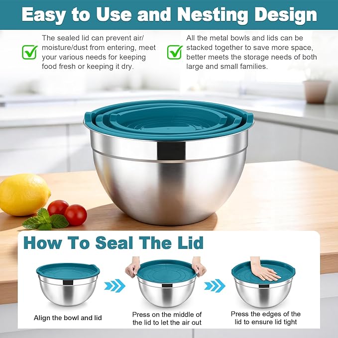 TeamFar Mixing Bowls, Stainless Steel Nesting Salad Bowls with Airtight Lids Set, For Serving/Mixing/Storing, Healthy & Heavy-duty, Dishwasher Safe & Easy Clean, 4.6/3 / 1.5 QT, Navy Blue