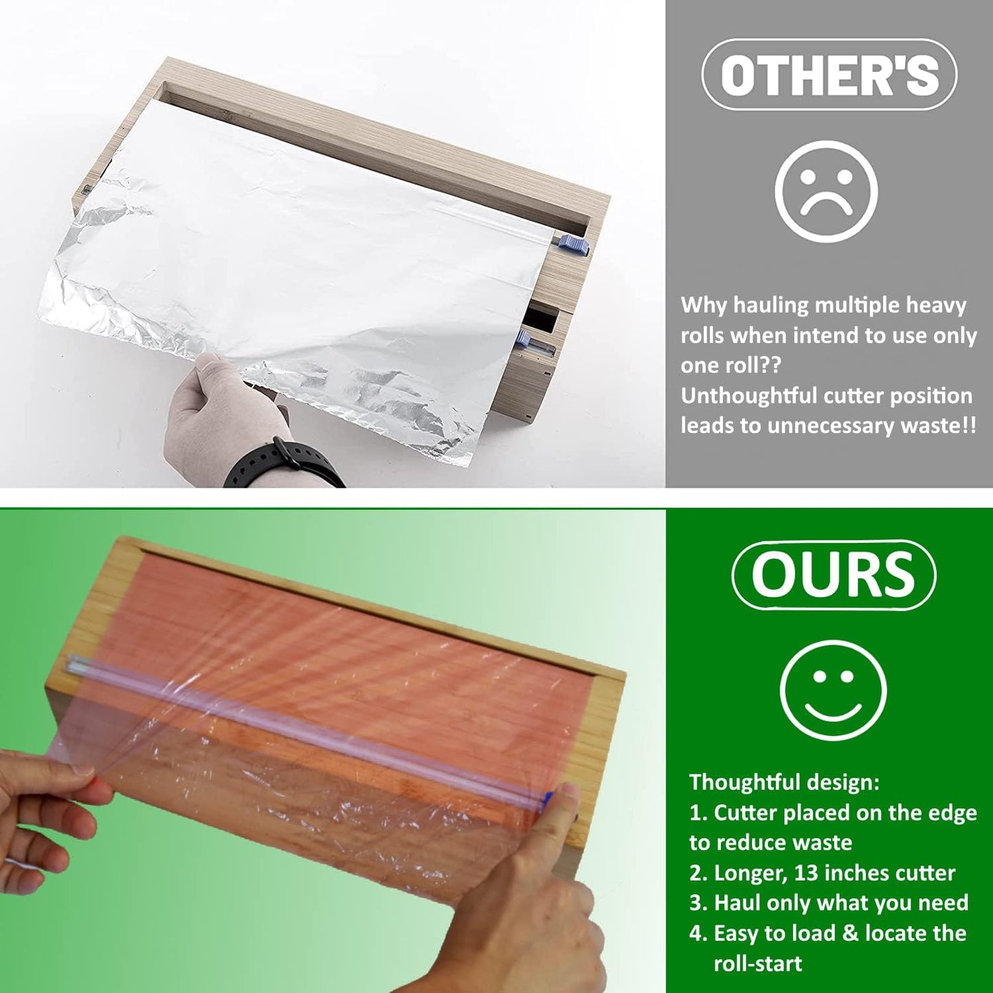 Vacuum Sealer Bag Roll Dispenser with Slide Cutter - Reusable Bamboo Vacuum Bag Dispenser Fits Most 50 ft Food Saver Bags Rolls, Most 12" Rolls of Plastic Wrap, Aluminum Foil and Wax Paper