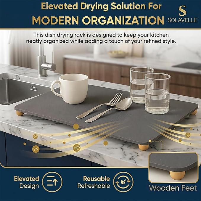 Stone Drying Mat for Kitchen Counter with 5 Wooden Feet, 19.7"×14.7" Diatomaceous Earth Dish Drying Mat, Elevated Drying Stone Mat for Modern Kitchen Countertop (Dark Gray, Standard-Solid)