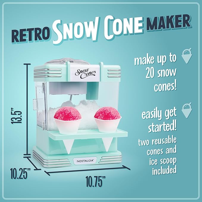 Nostalgia Snow Cone Shaved Ice Machine - Retro Table-Top Slushie Machine Makes 20 Icy Treats - Includes 2 Reusable Plastic Cups & Ice Scoop - Aqua