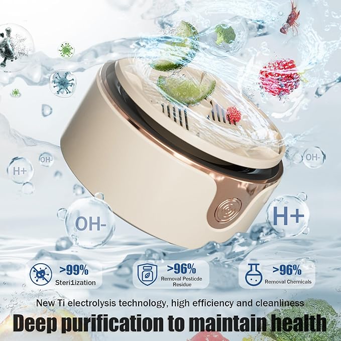 Fruit and Vegetable Washing Machine, Upgrade Titanium Electrolysis Purification Fruit Cleaner Device Waterproof Fruit and Vegetable Purifier Clean Fresh Produce in Water (Cream Color)