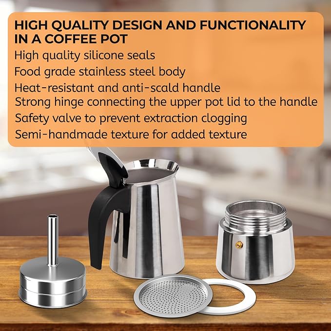 6 Cup 300ml Moka Pot Stainless Steel Espresso Coffee Maker Stovetop Coffeemaker Italian Classic Style Brewing Greca Cafe Mocha Machine for Cafeteras Lover Camping Travel and Home Use 10oz