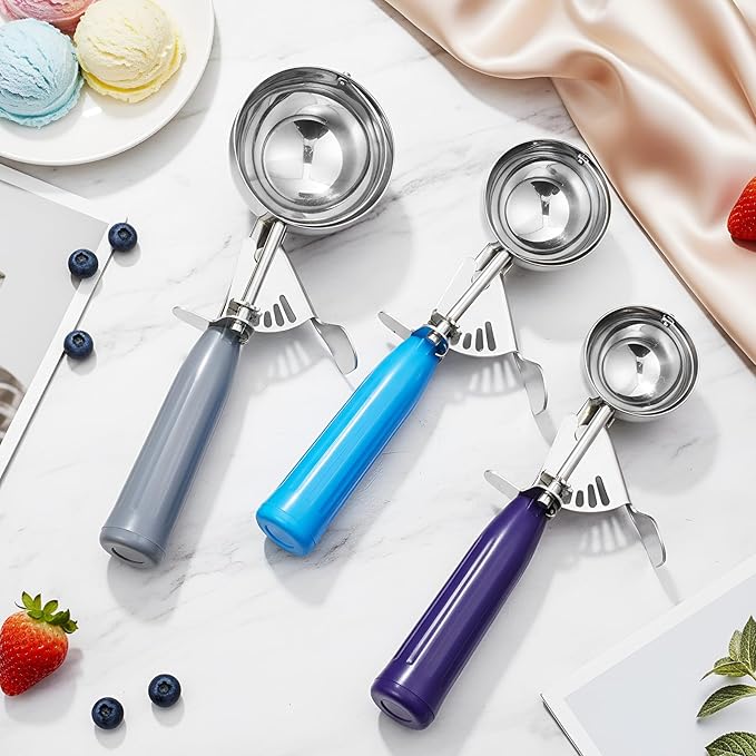 Reallnaive 3 Pcs Release Cookie Scoops Ice Cream Scooper with Trigger Release Portion Scoop Stainless Steel for Portion Control, Baking Food, Cookie Dough (4 Oz+2 Oz+1 oz,Gray,Blue,Purple)
