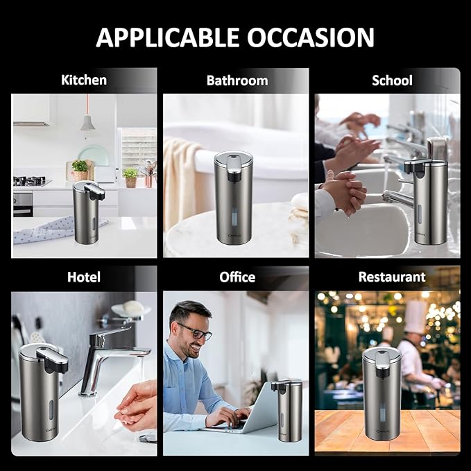 Automatic Soap Dispenser, Automatic Liquid Soap Dispenser Touchless, 12oz/340ml, 3-Level Adjustable, Battery Operated, Water-Resistant for Bathroom, Kitchen and School, Clog-Free, Stainless Steel