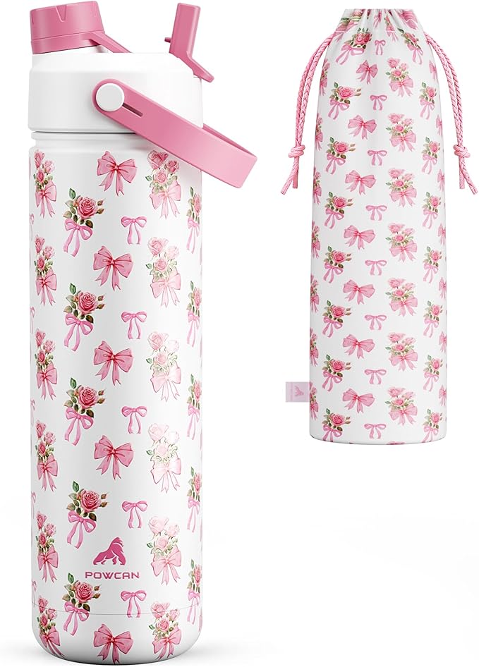 POWCAN 26 oz Insulated Water Bottle with 2-in-1 Straw and Spout Lid, Keep Cold 24H, Leak-Proof, Fits in Car Cup Holder, Stainless Steel Water Bottle for Sports, Travel, Gift, and School (Rosy Bouquet)