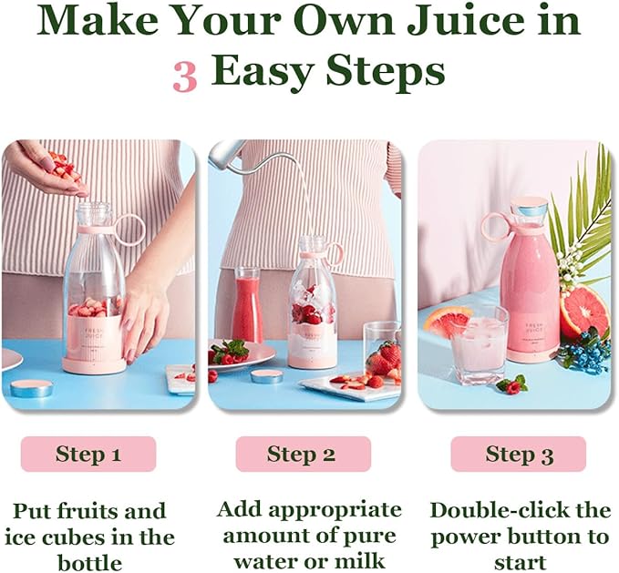 Upgraded Fresh Juice Blender Bottle Portable, Juicer Portable Blender Shake, 380ML USB/Magnetic Charging for Shakes and Smoothies, with Travel Cup and Lid (Pink,Magnetic charging)