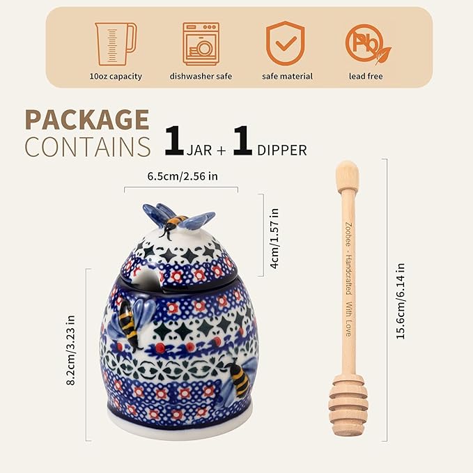 ZOOBEE Small Ceramic Honey Jar with Dipper and Lid, Handpainted 10oz Honey Pot, Microwave-safe Honey Container for Kitchen, Picnic, Travel -Starry Petals