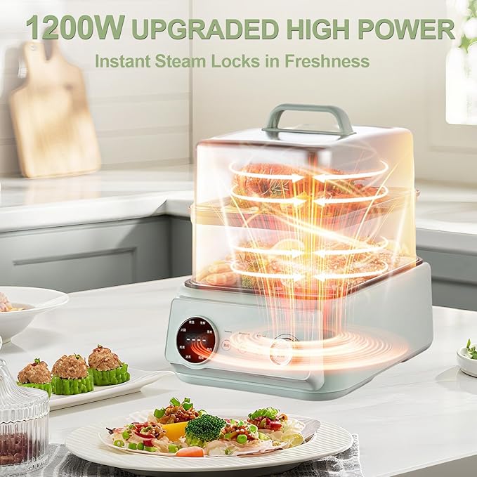 13.6Qt 2-Tier Electric Food Steamer, 8 Modes, Dry Protection, 24h Reservation and Timer, 4-8 Servings, Stainless Steel Electric Steamer for Vegetable Seafood (Green)