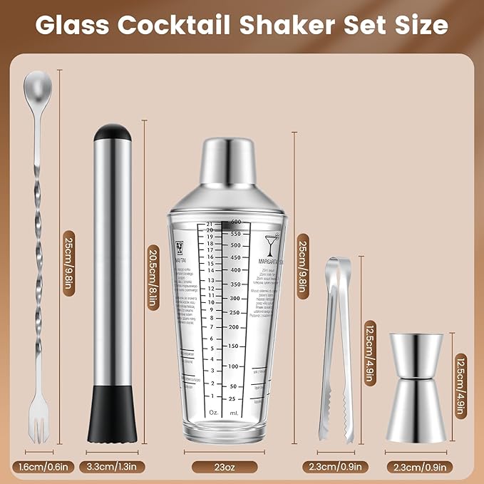 3 Pack Glass Cocktail Shaker Set, 23oz Bartender Kit with Built-in Strainer, Ice Tongs, Measuring Jigger, Muddler & Mixing Spoon, Professional Bar Tools for Home Bartending & Mixology