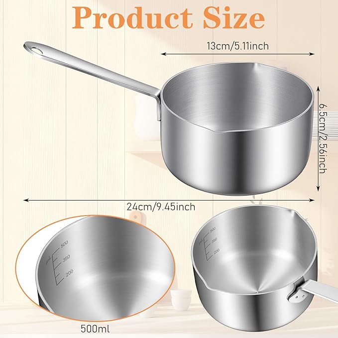0.5 Quart 18/10 Tri-Ply Stainless Steel Butter Melting Pot, 500ml Silver Butter Warmer Measuring Pan Small Sauce Pan with Dual Pour Spouts for Milk, Coffee, Tea, Soup Warming & Measuring