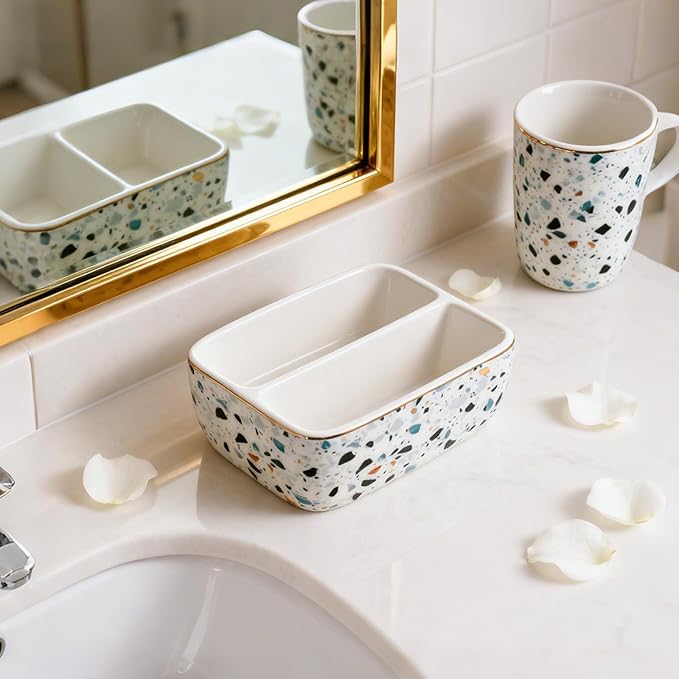 2 Compartments Ceramic Sponge Holder for Kitchen Sink, Unique Terrazzo Marble Pattern Countertop Dish Sponges Holder Soap Sink Organizer Caddy Farmhouse Home Kitchen Decor Light Blue