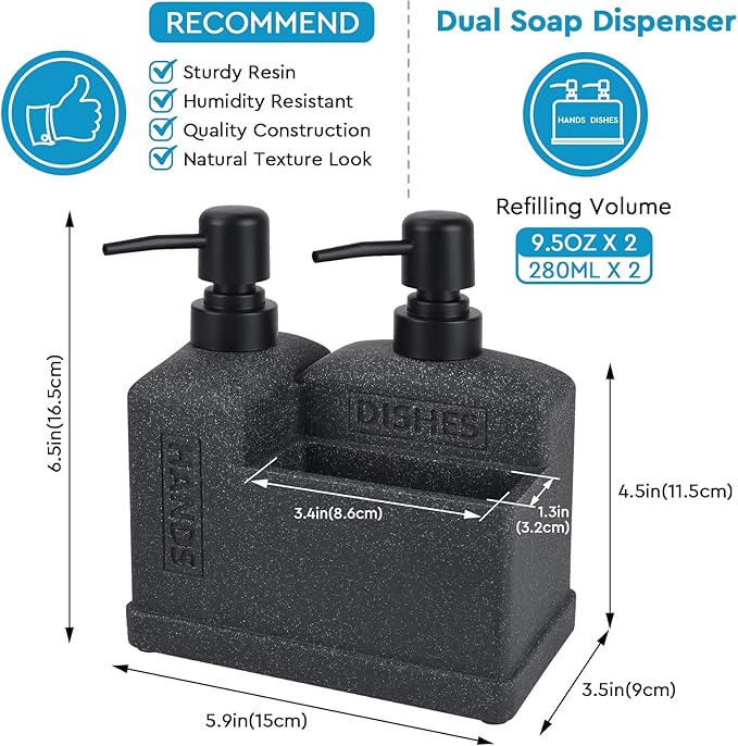 Kitchen Hand Soap and Dish Soap Dispenser Set,Dual Soap Dispenser with Sponge Holder 3-in-1 Organizer for Kitchen Sink,Bathroom,Useful Kitchen Gadgets - Black