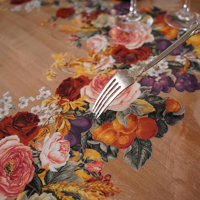 Clear Table Cover Protector Vinyl PVC Rectangle Table Cloth Oil Spill Proof Plastic Tablecloths for Dining Tables Parties Holidays (Floral Fruit, 60 x 104 Inches)