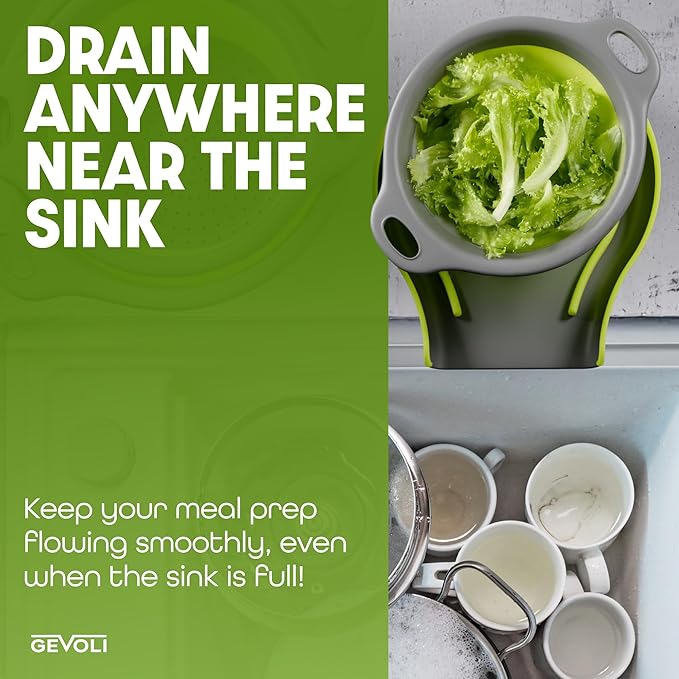 3-Pack Collapsible Colanders with Self-Draining Base, Over Sink-edge Silicone Food Strainers, Small/Med/Large Sizes, Nesting for Easy Compact Storage (3Qt, 4Qt, 5-Quart Set) Green/Gray