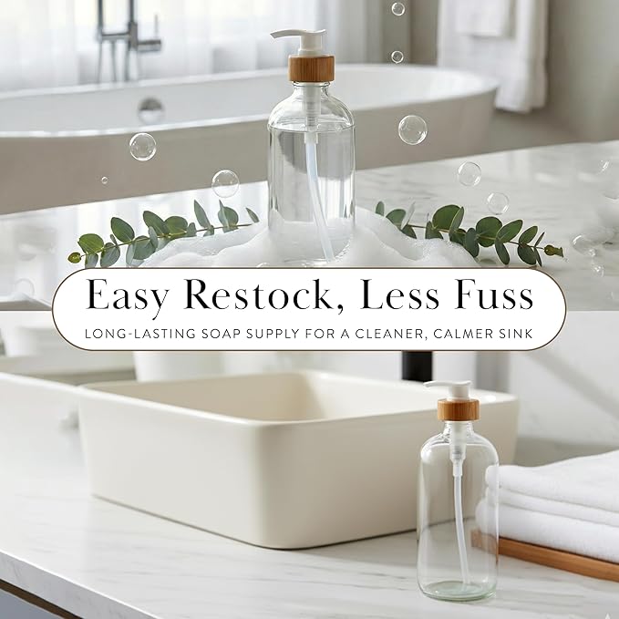 SAVVY & SORTED Glass Hand Soap Dispenser Bathroom, Dish Soap Dispenser for Kitchen Sink, Refillable Clear Glass Bottles with White Bamboo Pump for Liquid Hand Wash, 17 Fl Oz / 500 ml