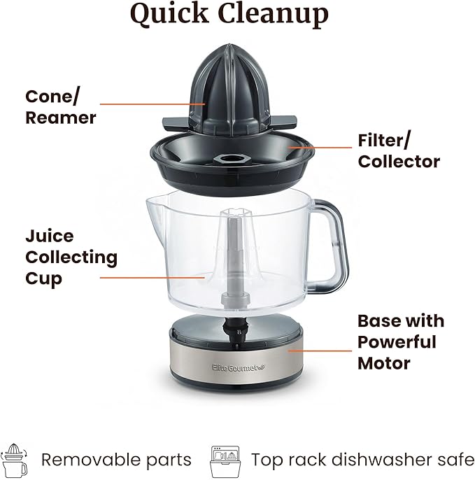 Elite Gourmet ETS623 BPA-Free 40-Watt Electric Citrus Juicer, Compact, Large Volume, Pulp Control, Oranges, Lemons, Limes, Grapefruits with Easy Pour Spout, 24oz, Black/Stainless Steel