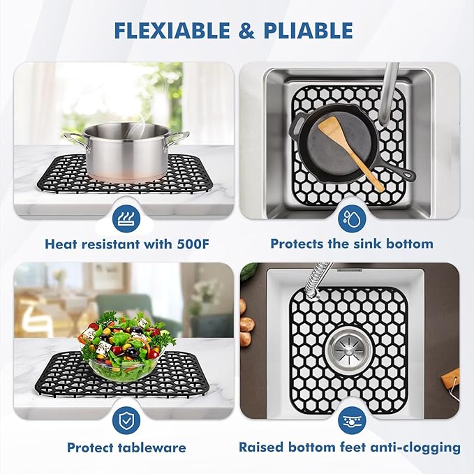Bestjing 2 Pack Silicone Sink Protectors for Kitchen Sink - 12" x 11" Kitchen Grid Accessory, Non-Slip Heat-Resistant Mat for Bottom of Porcelain Stainless Steel, Dishwasher Safe (Black)
