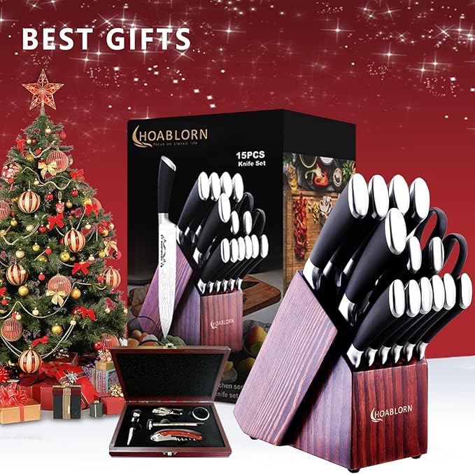 Japanese Knife Block Set 15PCS with Bulid-in Sharper in Knife Block and 6 Steak Knives Professional Self Sharpening Knives Set Damasucs Style German Stainless Steel Best Housewarming&Wedding Gift
