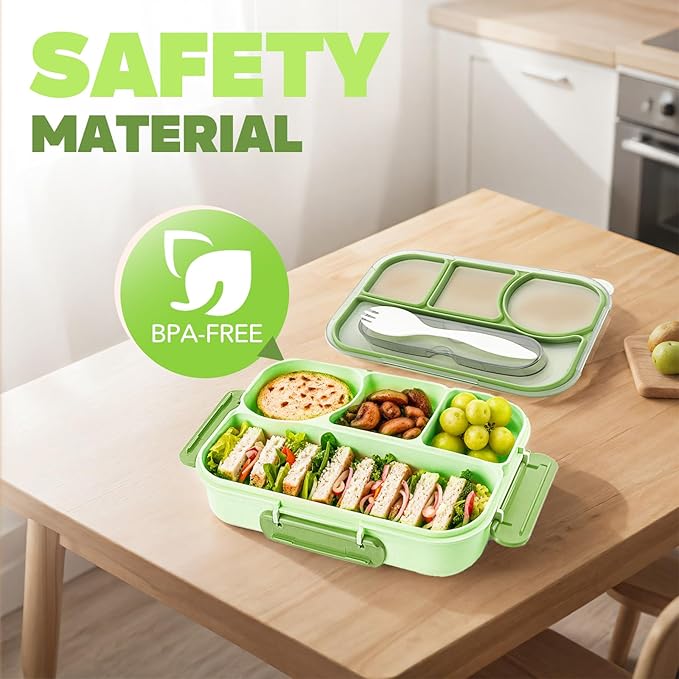 EASYFUN Bento Box Adult, Lunch Box, 4-Compartment Lunch Containers, Drop-Proof, Dishwasher Safe & Made with BPA-Free Materials (Green)