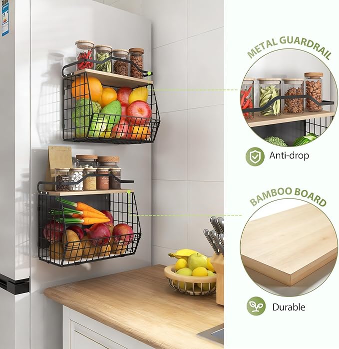 Wawocs Magnetic Shelf for Fridge with Wood Lid, 2 Tier Fruit Baskets Wall Mounted Hanging Basket with 4 Hanger Hooks, Potato and Onion Magnetic Storage Bins for Kitchen Counter, Refrigerator, Cabinet