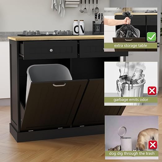 RASOO Double Tilt Out Trash Can Cabinet Freestanding Laundry Hamper Wooden Tabletop with 2 Drawers Kitchen Garbage Can for 10 Gallon, Black