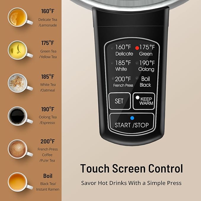PARIS RHÔNE Electric Kettle with 6 Precise Temperature Presets, 1.7L Stainless Steel Tea Kettle for Oolong & Green Tea, 1500W Fast Boil Coffee Kettle with Strix Control & Keep Warm, Silver