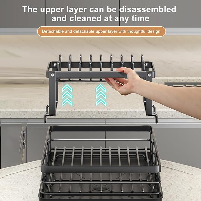 Dish Drying Rack 2-Tier Auto Draining Dish Drying Rack for Kitchen Counter & Sink - Large Capacity Detachable Stainless Steel Organizer with Drainboard & Utensil Holder (Black)，Chaos Coordinator Gifts