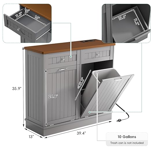 Betterhood Double Tilt Out Trash Cabinet with Power Outlet, 10 Gallon Trash Cabinet with Storage,Pet Proof Trash Can with 2 AC & USB Sockets for Kitchen,Living Room (Grey, Double Door)