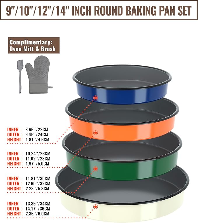 Enamel Round Roasting Pans Set Baking Dish 4-Pack 9/10/12/14 Inch NonStick High Temperature Resistance Cookware for Cake Bread Pizza, Oven Dishwasher Safe Wife Mother Day Gift Bakeware