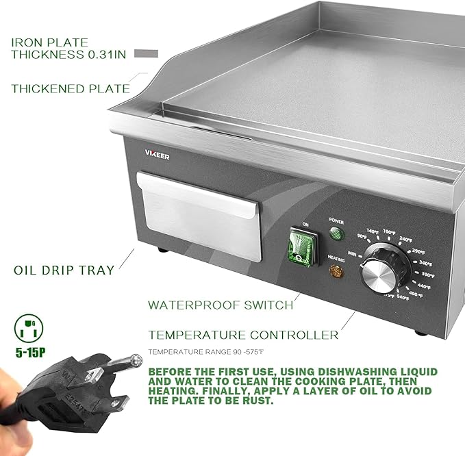 Electric Griddle, 14 Inch Flat Top Grill Commercial Electric Griddles Stainless Steel Adjustable Temperature Control 90℉-575℉ for Home or Restaurant Use