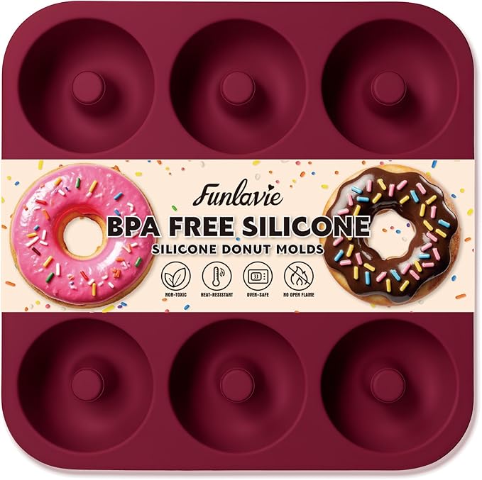 Large Silicone Donut Pan for Baking, 9 Cavity Non-Stick Food Grade Silicone Donut Molds, Doughnut Pan and Bagel Pans for Baking & Kitchen, BPA Free 11.2 x 11.1 Inches, Dishwasher Safe - Claret Red