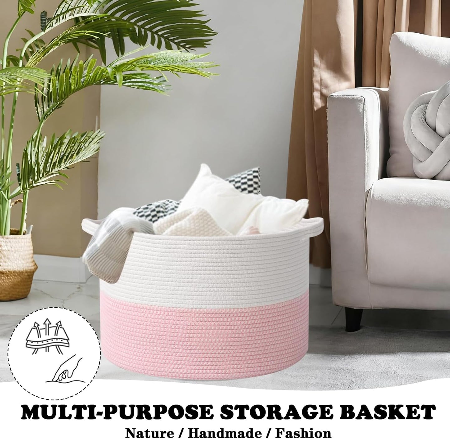 Large Blanket Basket for Organizing,115L Closet Organizers and Storage Bins Box for Shelves Woven Rope Storage Baskets,Living Room,Bedroom,Dorm,Laundry room (White&Pink)