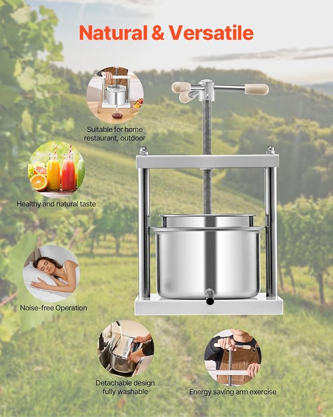 VEVOR 1.45 Gal/5L Fruit Wine Press, 2 Stainless Steel Barrels, Manual Juice Maker, Cider Apple Grape Tincture Honey Olive Oil Making Press with Triangular Handle for Outdoor Kitchen Home
