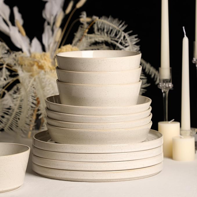 Stone Lain Claire 24-Piece Dinnerware Set Stoneware, Plates and Bowls Set, Dishwasher and Microwave Safe, Dish Set for 8, White